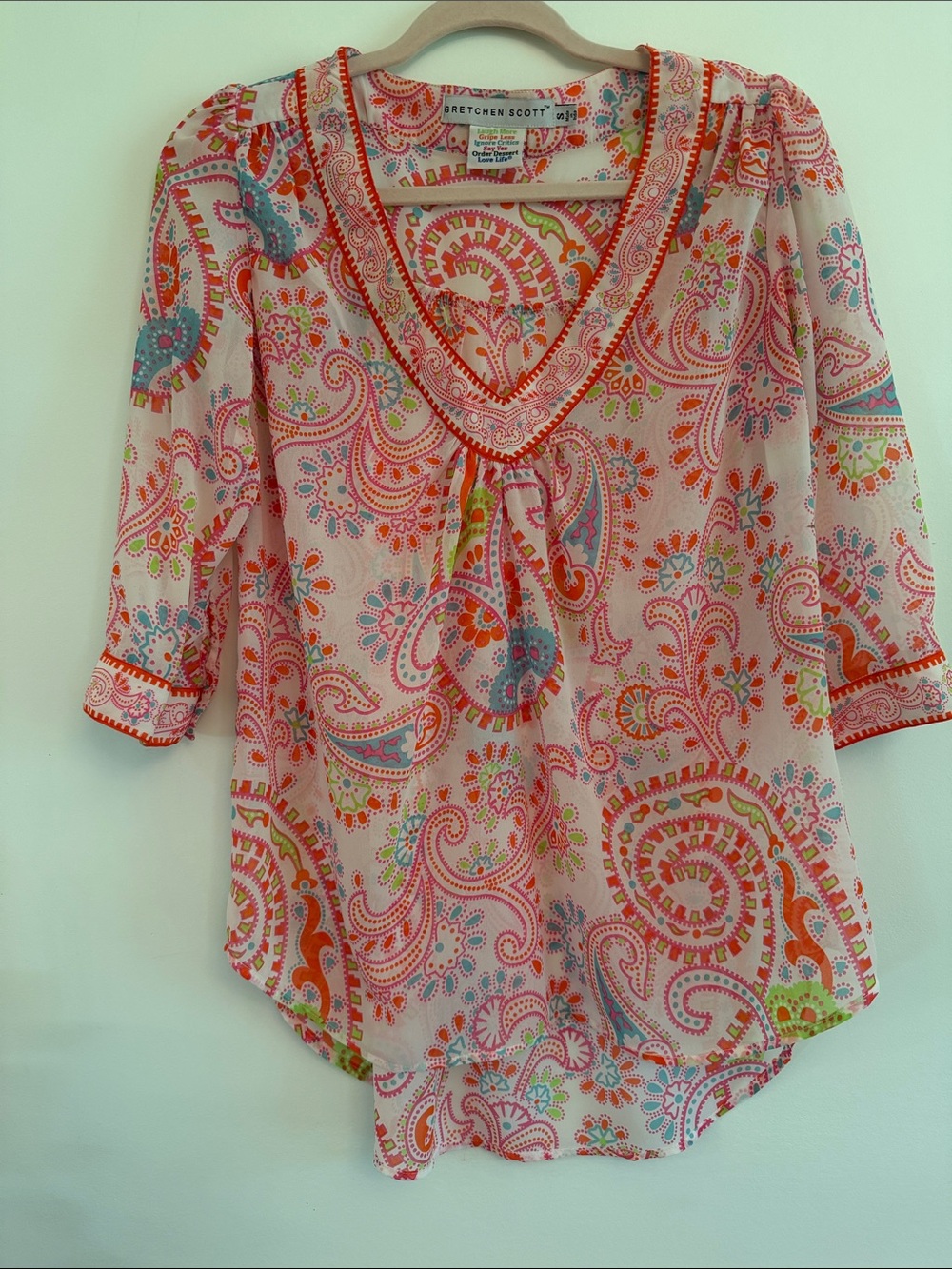 Gretchen Scott Designs Pink Paisley V-Neck Tunic with Orange & Blue Accents
